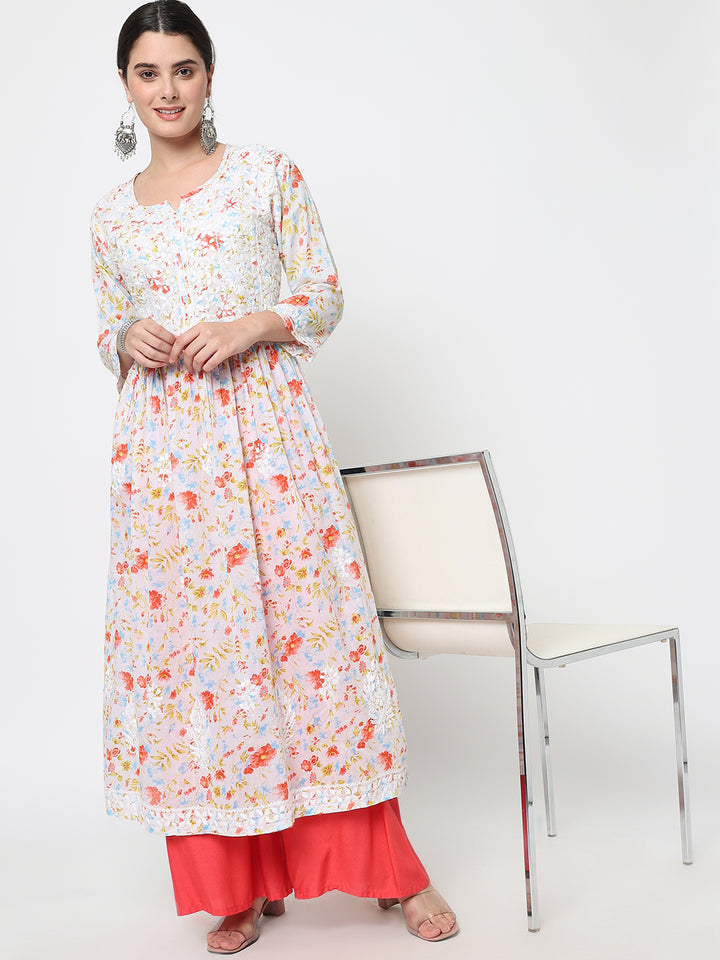 Women Hand Embroidered Chikankari Mulmul A-Line Kurta-PC3582 Orange