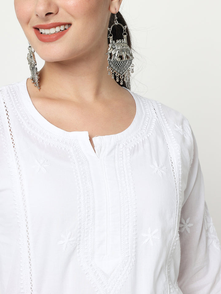 White Floral Hand Embroidered Chikankari Pure Cotton Chikankari Kurti-PC3564