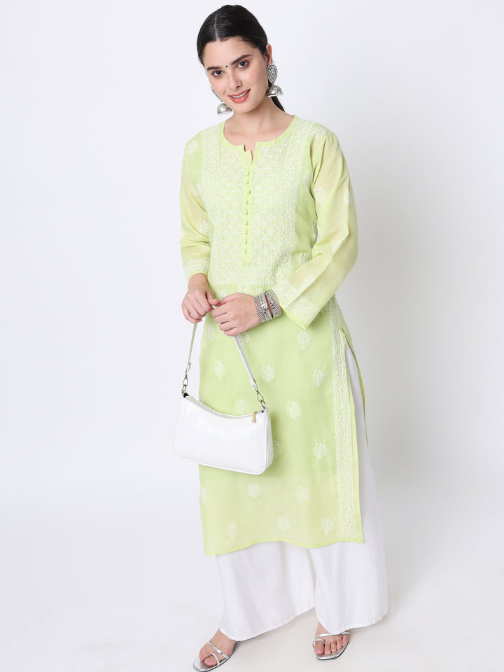 Hand Embroidered Chikankari Cotton Straight Kurta- PC3579