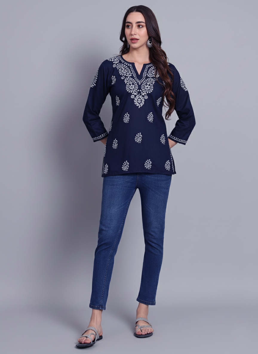 Women Hand Embroidered Chikankari Cotton Kurti PC3828