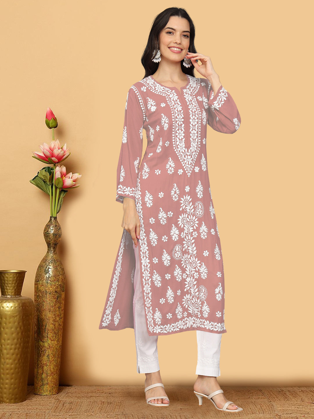 Hand Embroidered Chikankari Modal Straight Kurta- PC4042 Palevioletred