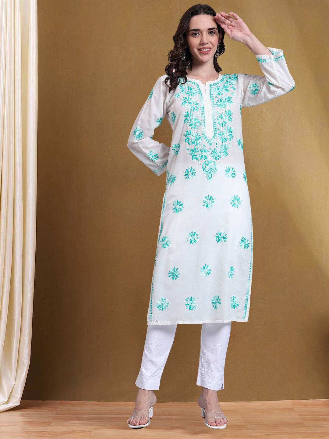 Hand Embroidered Chikankari Mulmul Cotton Straight Kurta- PC4085