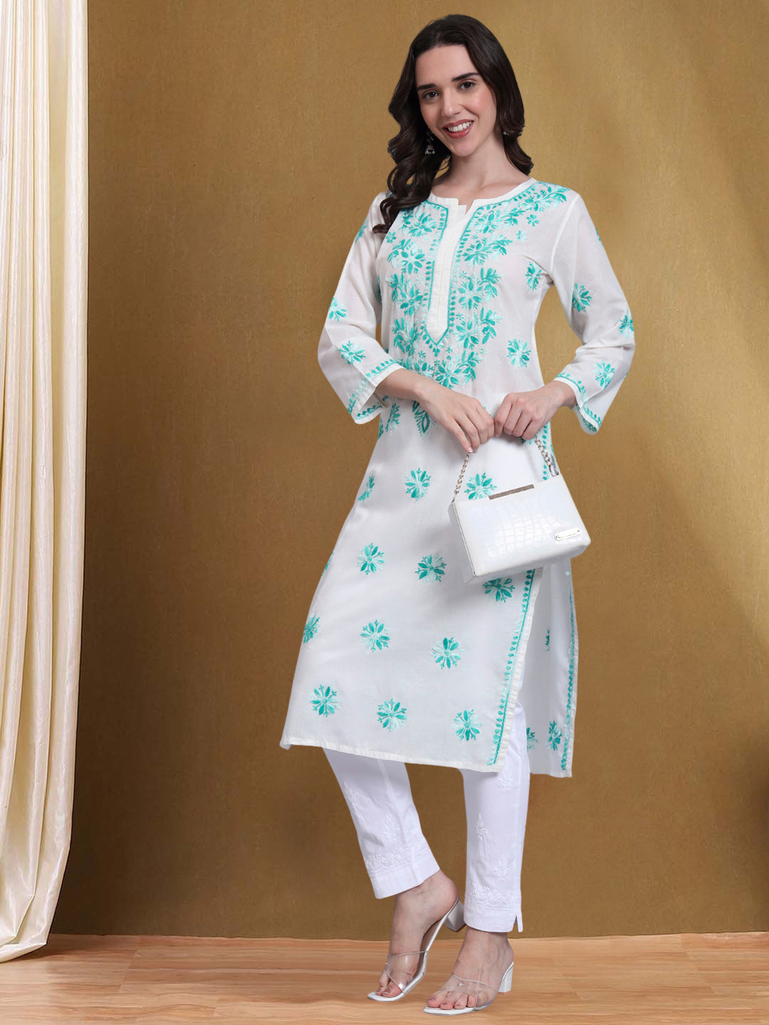 Hand Embroidered Chikankari Mulmul Cotton Straight Kurta- PC4085