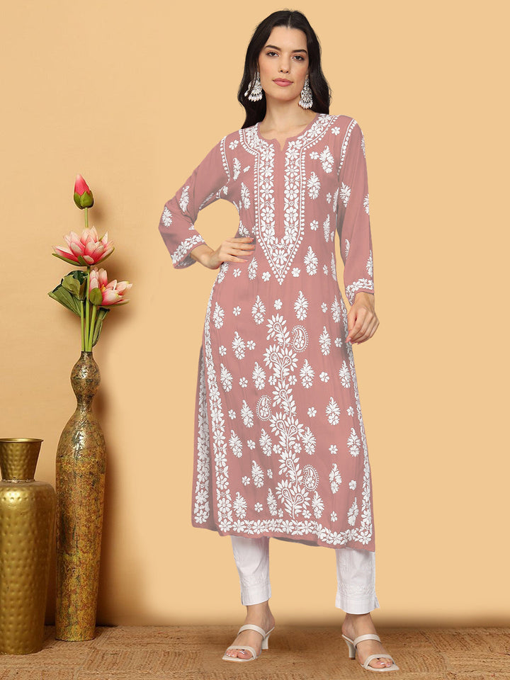 Hand Embroidered Chikankari Modal Straight Kurta- PC4042 Palevioletred