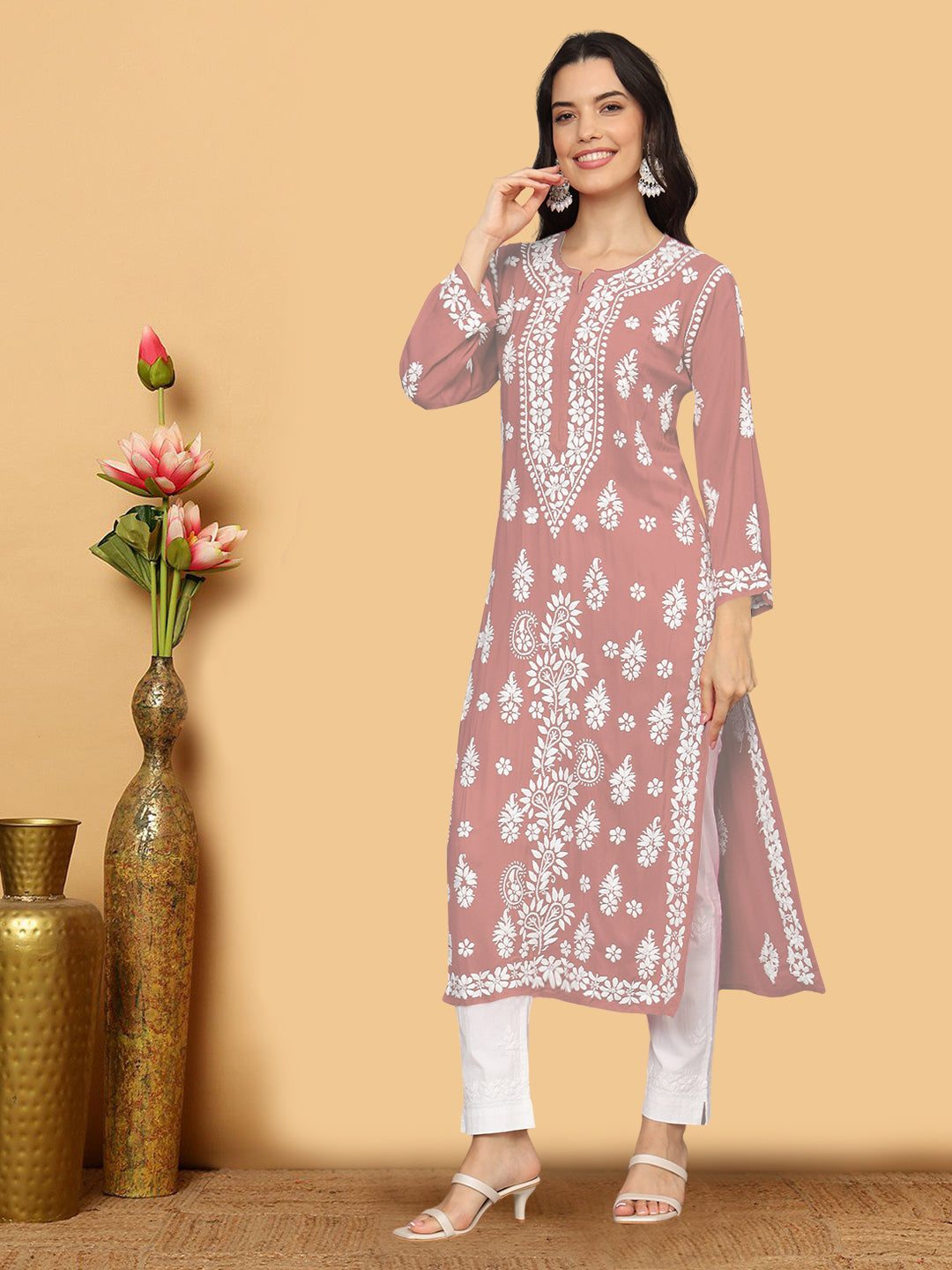 Hand Embroidered Chikankari Modal Straight Kurta- PC4042