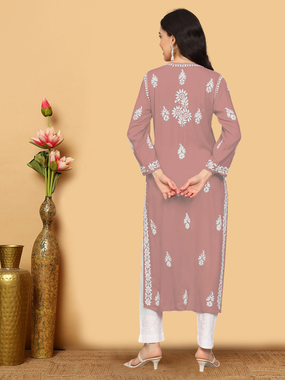 Hand Embroidered Chikankari Modal Straight Kurta- PC4042 Palevioletred