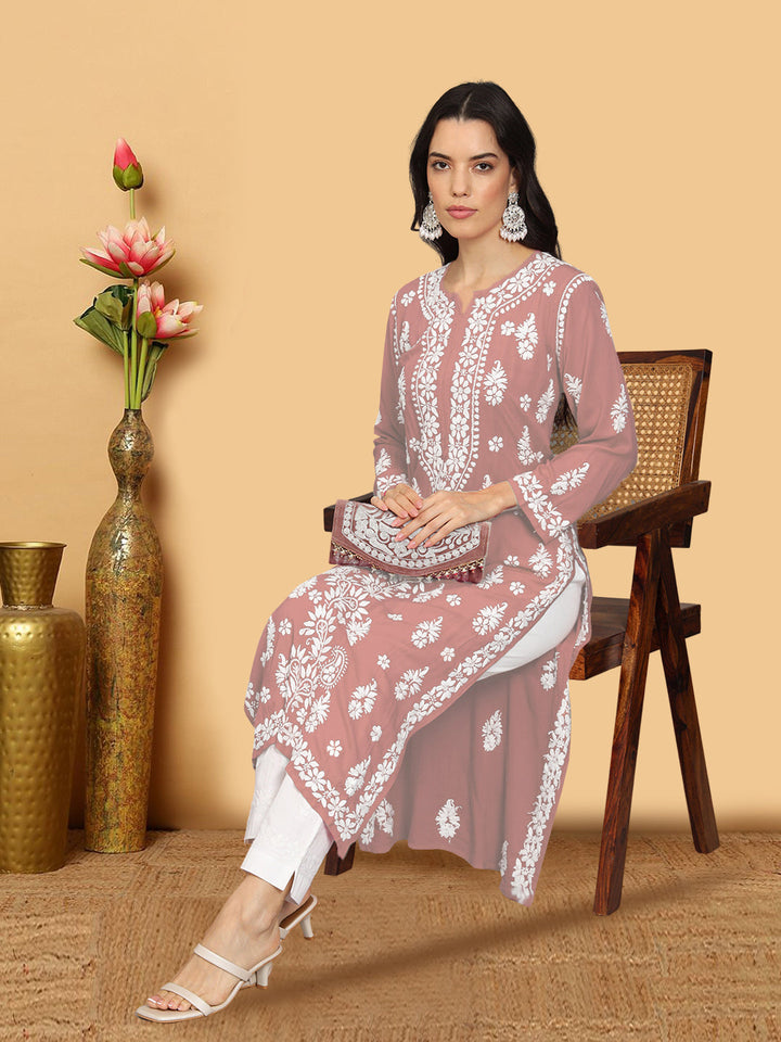 Hand Embroidered Chikankari Modal Straight Kurta- PC4042 Palevioletred