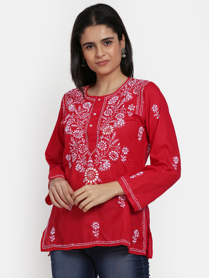 Women Hand Embroidered Chikankari Cotton Kurti-STV115