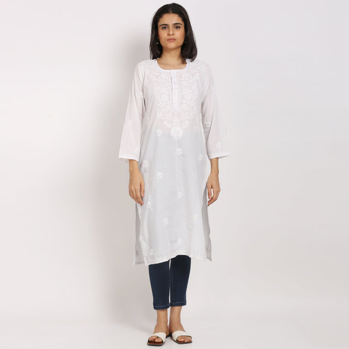 Hand Embroidered Chikankari Straight Floral Cotton Kurta-NTV115