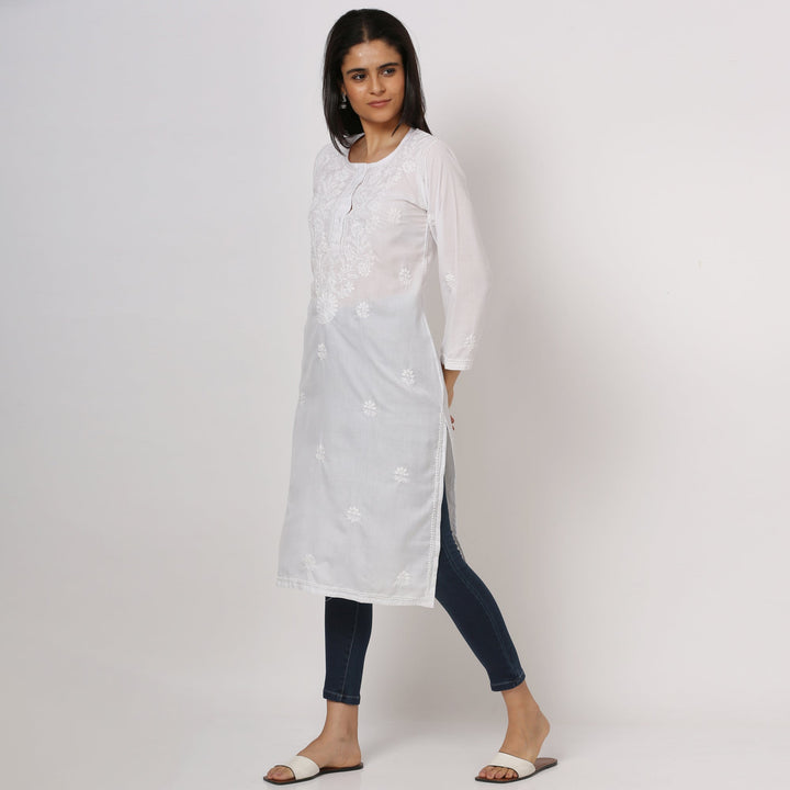 Hand Embroidered Chikankari Straight Floral Cotton Kurta-NTV115