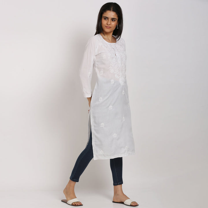 Hand Embroidered Chikankari Straight Floral Cotton Kurta-NTV115