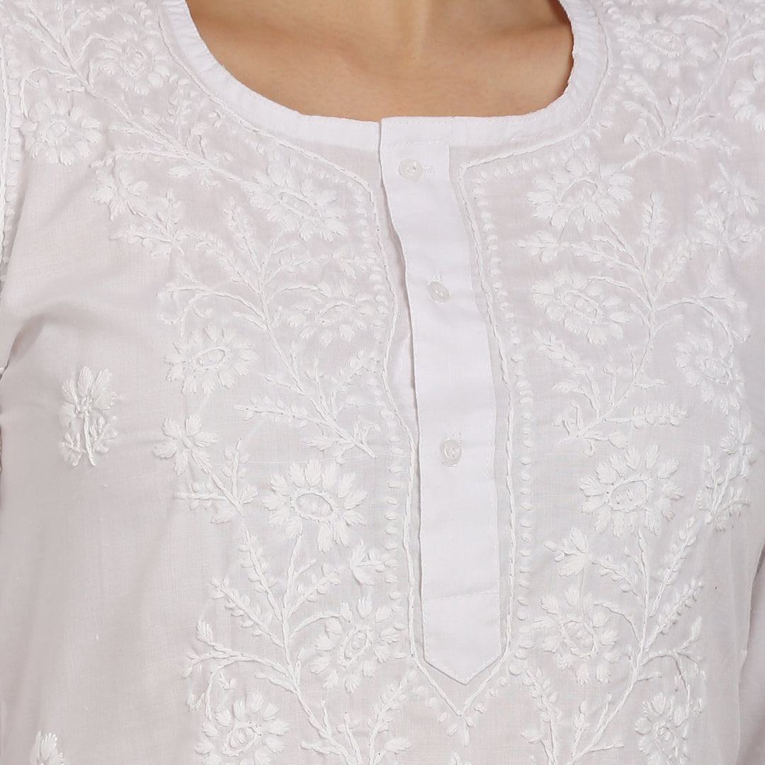 Hand Embroidered Chikankari Straight Floral Cotton Kurta-NTV115