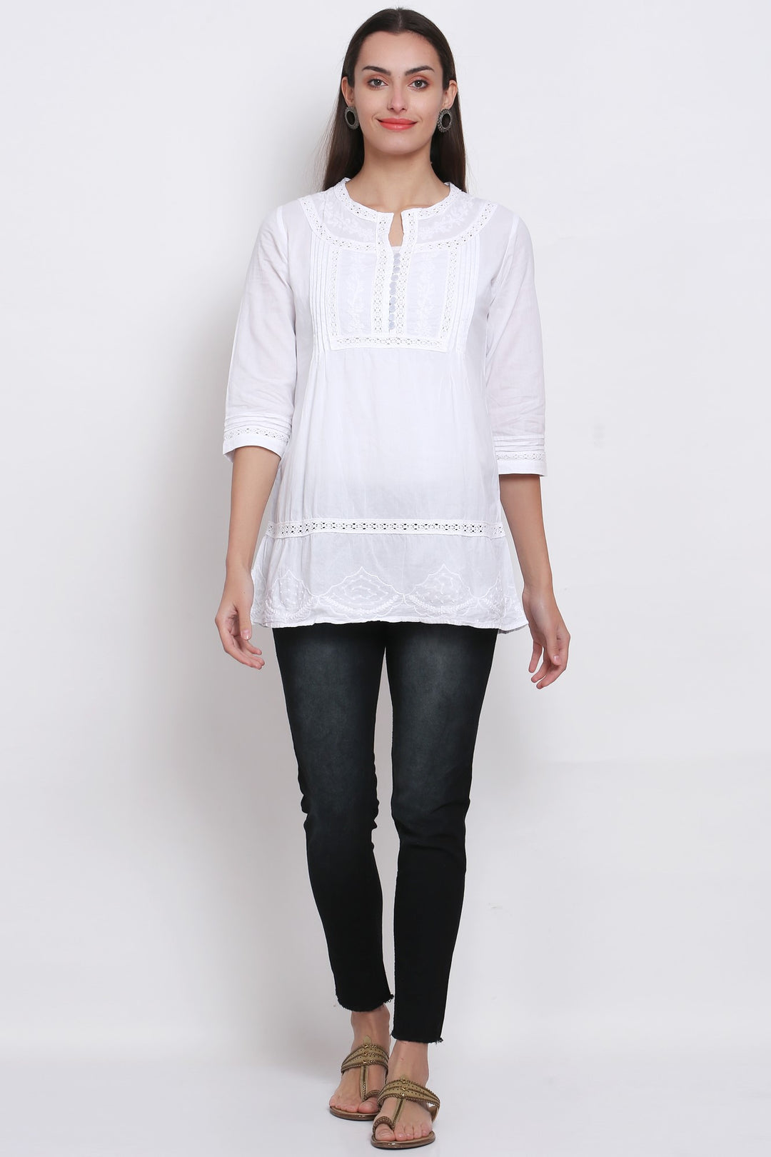 Hand Embroidered White Chikankari Cotton Tunic-PC2845