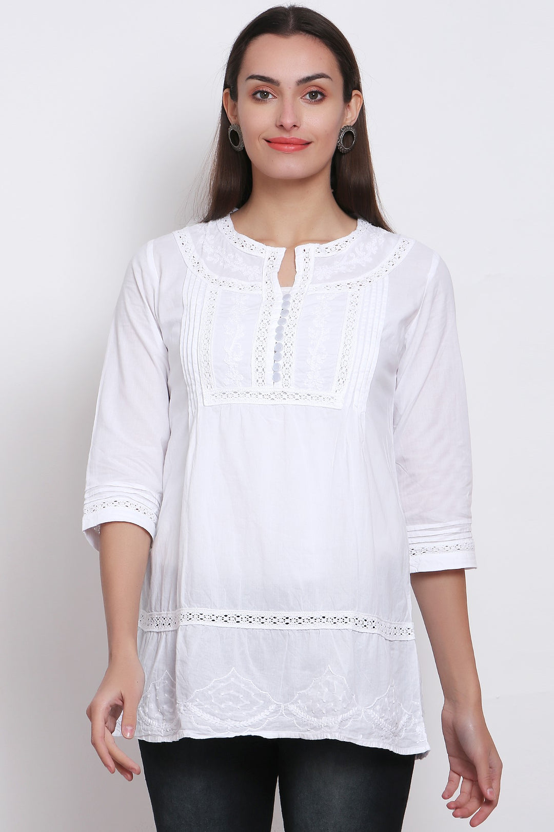 Hand Embroidered White Chikankari Cotton Tunic-PC2845