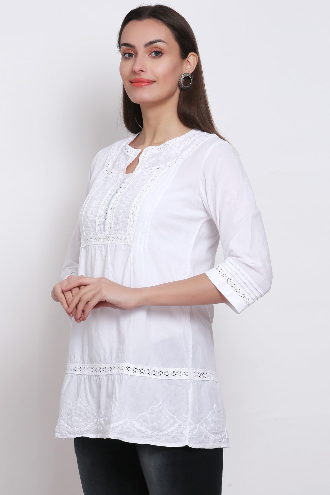 Hand Embroidered White Chikankari Cotton Tunic-PC2845