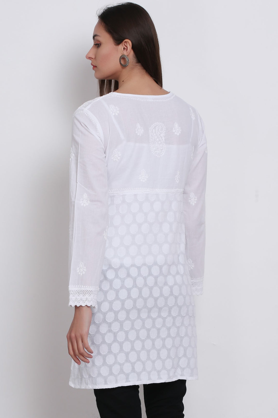 Ethnic Motifs Hand Embroidered V-Neck Pure Cotton Chikankari Kurti-PC925