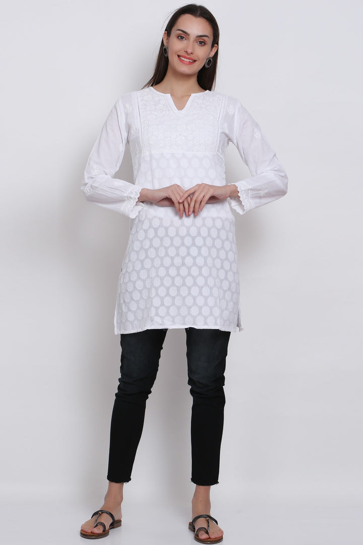 Ethnic Motifs Hand Embroidered V-Neck Pure Cotton Chikankari Kurti-PC925