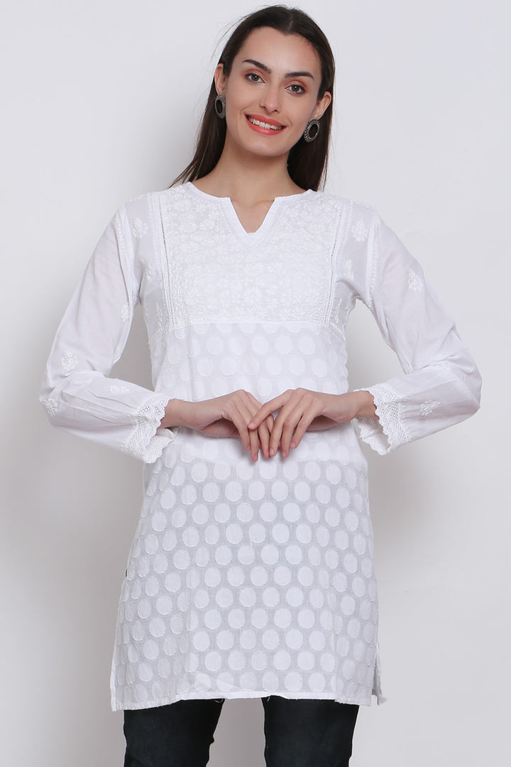 Ethnic Motifs Hand Embroidered V-Neck Pure Cotton Chikankari Kurti-PC925