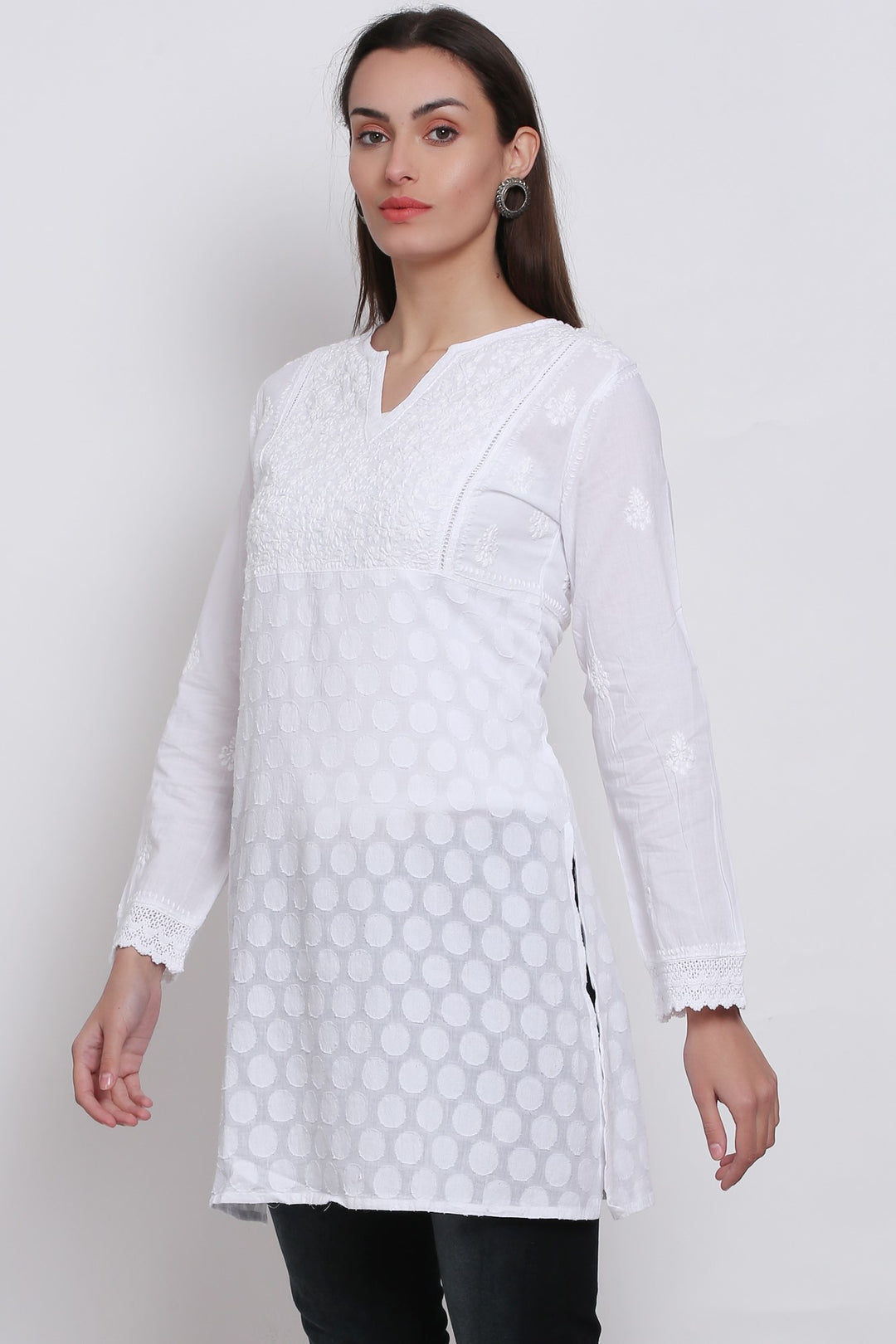 Ethnic Motifs Hand Embroidered V-Neck Pure Cotton Chikankari Kurti-PC925