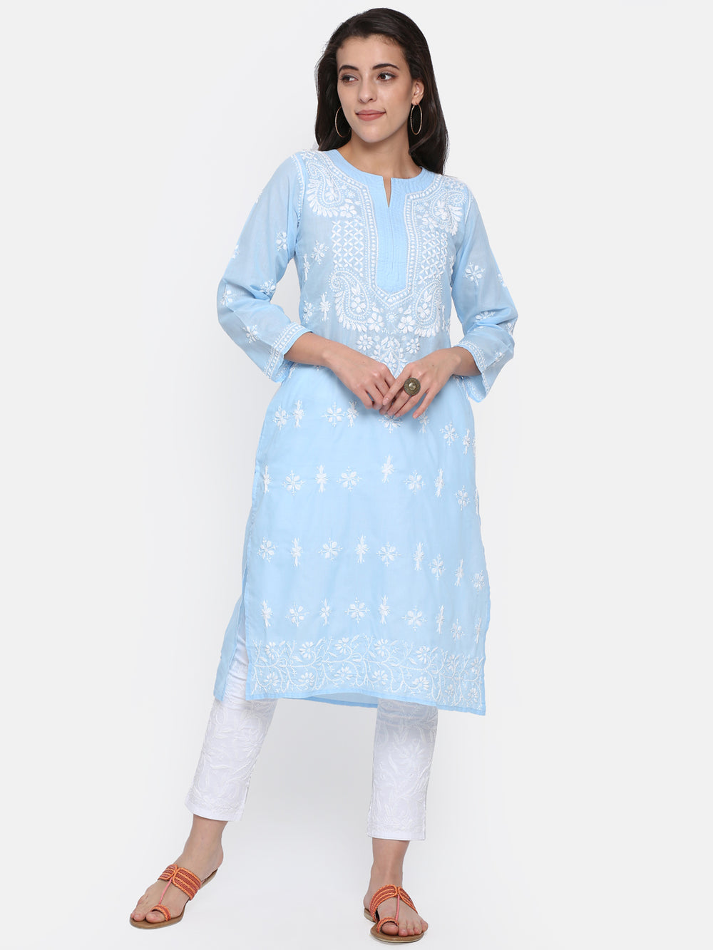 Light Sky Blue Chikankari Cotton Straight Kurta – Classic Cut