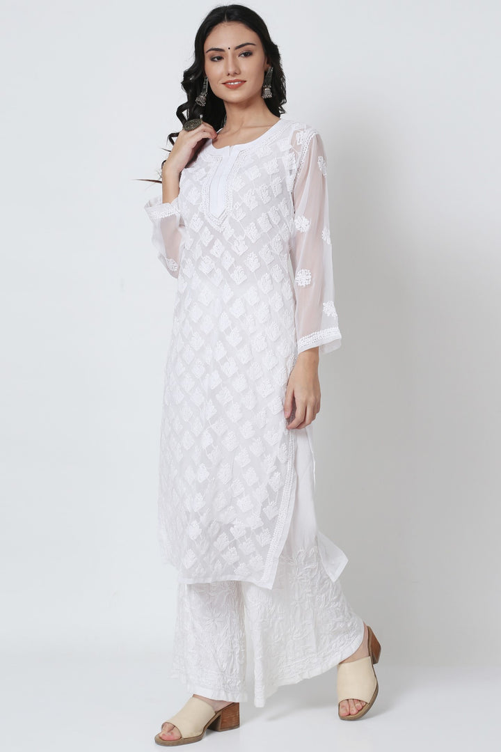 Hand Embroidered Chikankari Georgette Straight Kurta With Matching Slip- PC3484