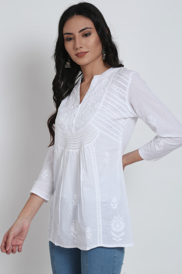 White Ethnic Motifs Hand Embroidered Chikankari Pure Cotton Kurti-PC2945