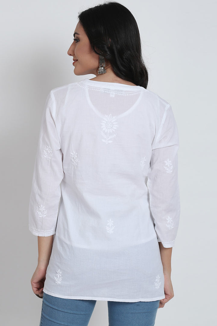 White Ethnic Motifs Hand Embroidered Chikankari Pure Cotton Kurti-PC2945