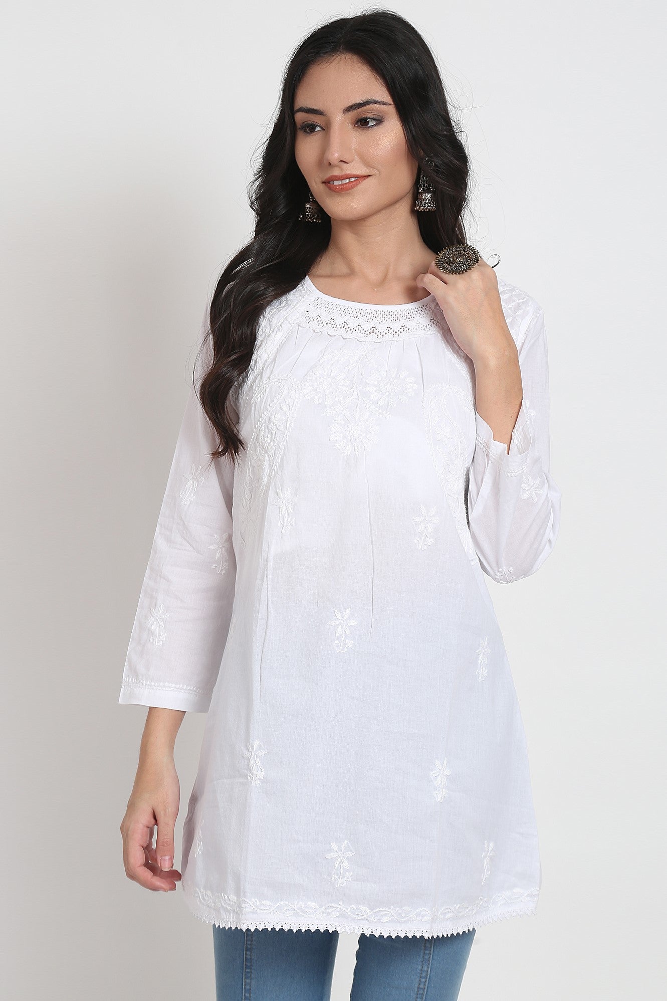 Buy online Pink Embroidered Cotton Chikan Kurti from Kurta Kurtis for Women  by Kiala for ₹1500 at 0% off | 2024 Limeroad.com