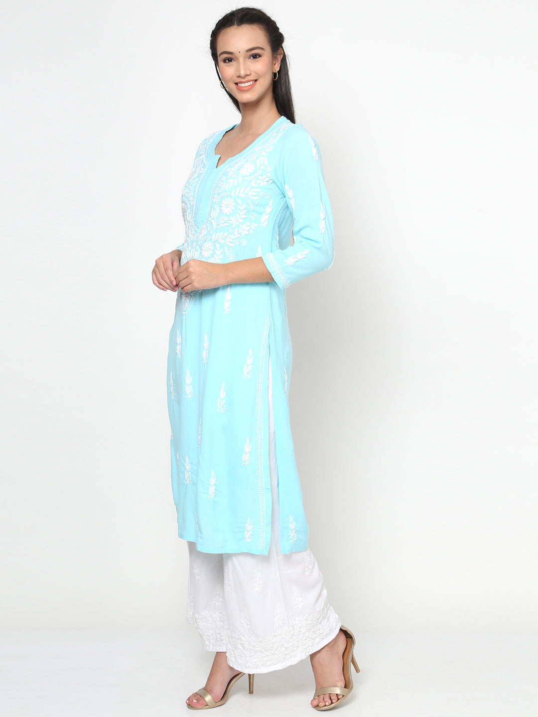 Hand Embroidered White Chikankari Rayon straight Kurta-PC3451