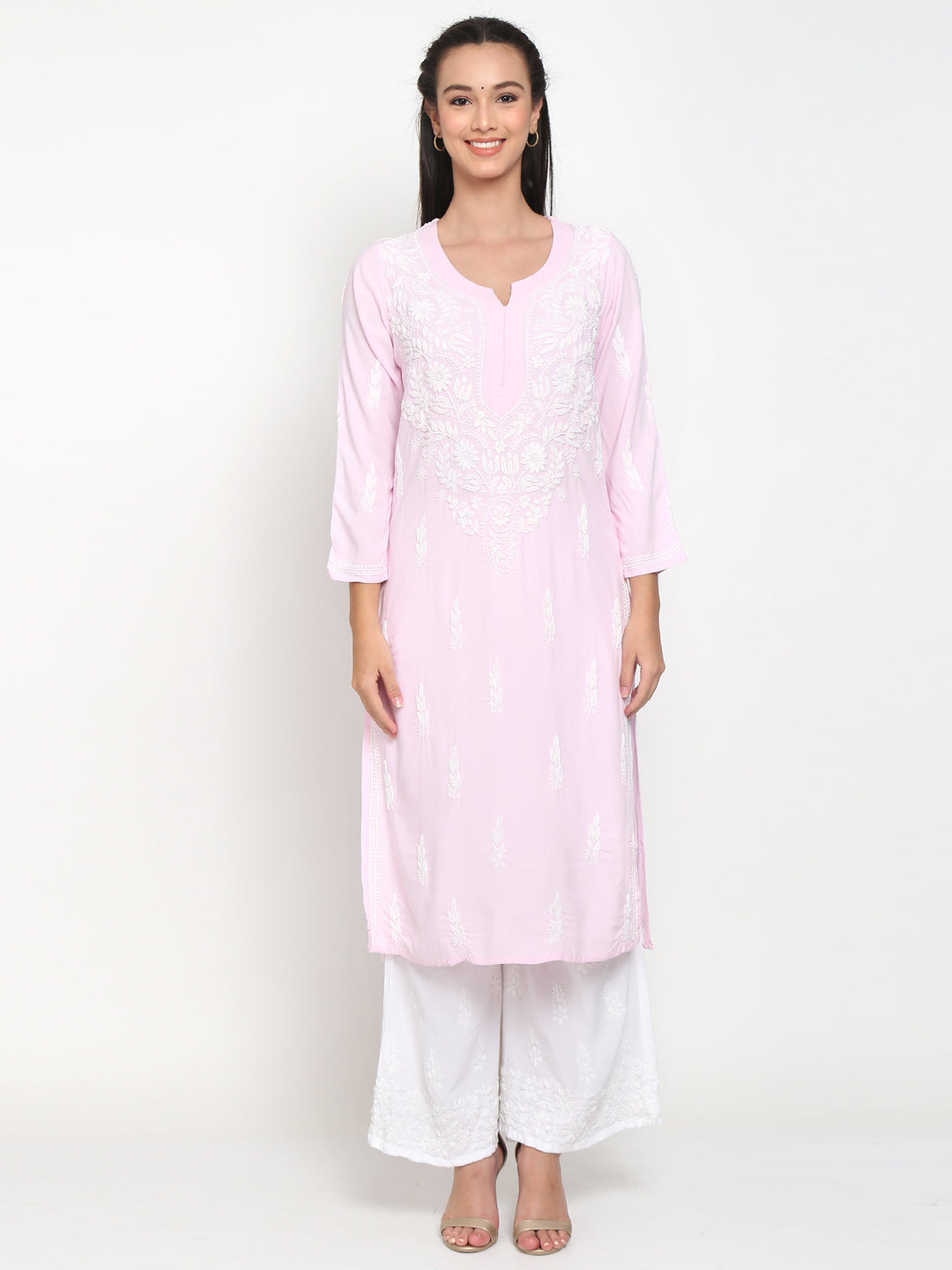 Hand Embroidered White Chikankari Rayon straight Kurta-PC3451