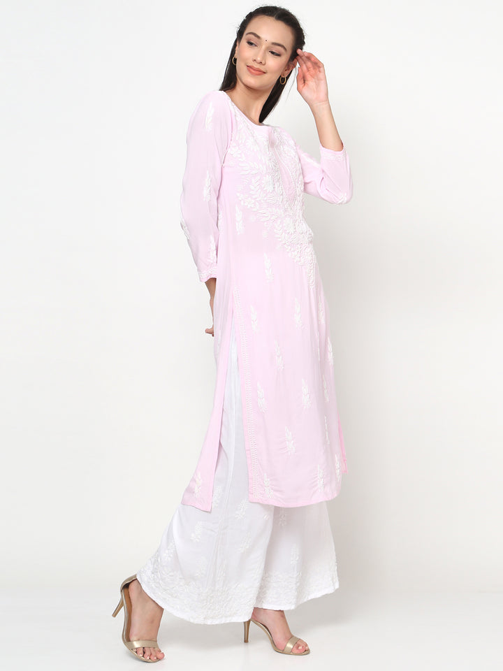 Hand Embroidered White Chikankari Rayon straight Kurta-PC3451