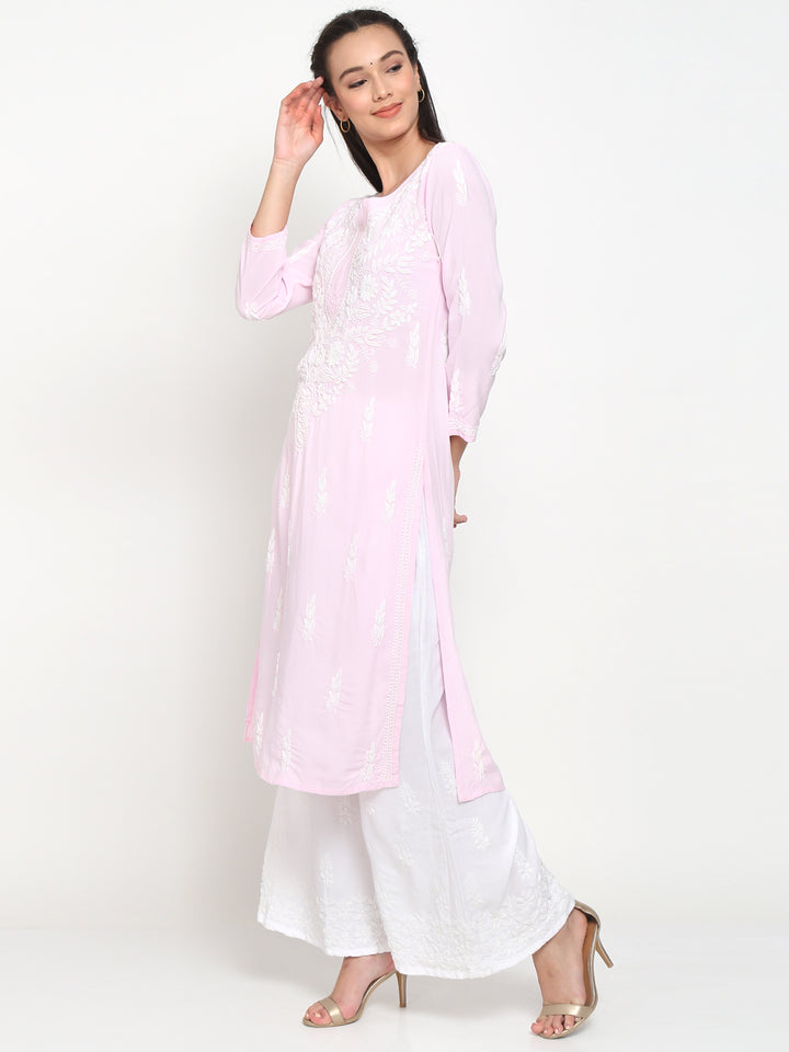 Hand Embroidered White Chikankari Rayon straight Kurta-PC3451