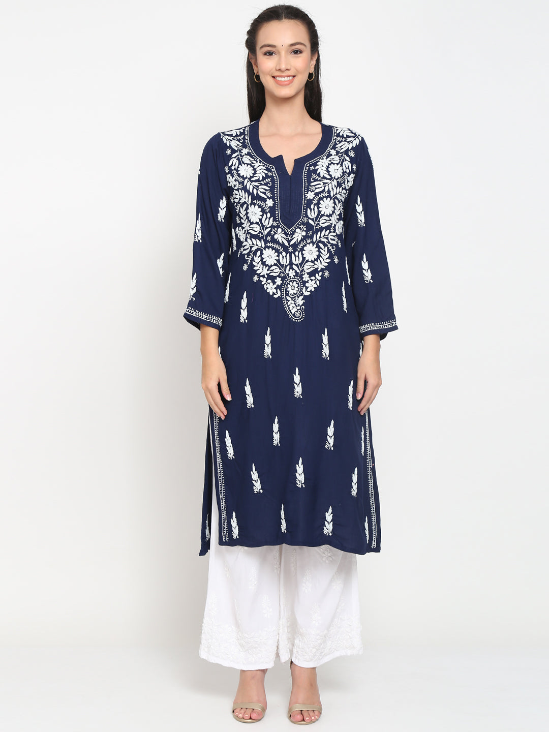 Hand Embroidered White Chikankari Rayon straight Kurta-PC3451