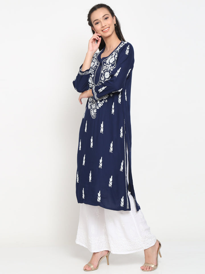 Hand Embroidered White Chikankari Rayon straight Kurta-PC3451