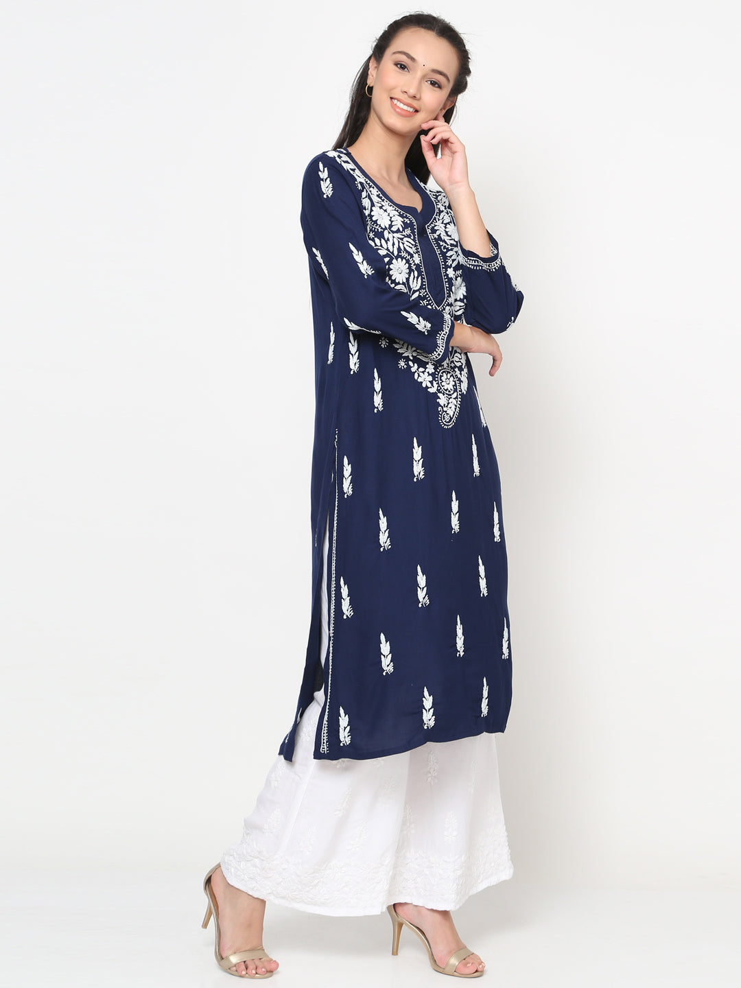 Hand Embroidered White Chikankari Rayon straight Kurta-PC3451