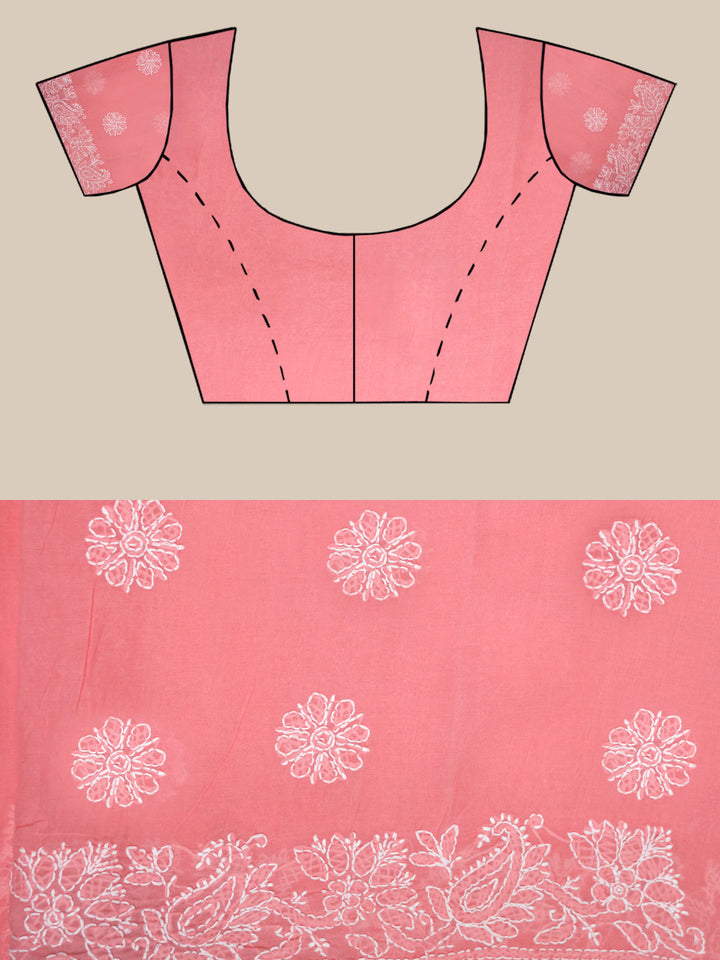 Hand Embroidered Chikankari Cotton Saree PCSAR02 Carrotpink