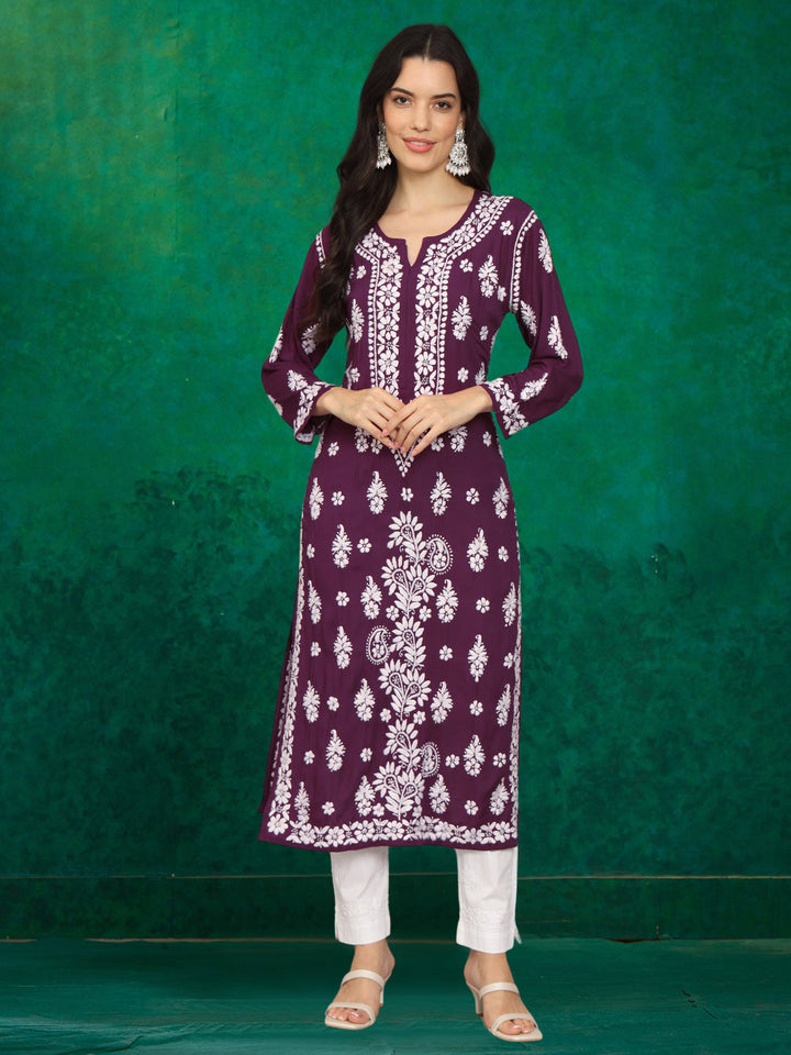 Hand Embroidered Chikankari Modal Straight Kurta- PC4042 Purple