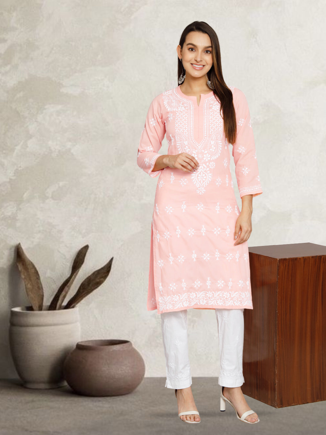 Chikankari Hand Embroidered Cotton Straight Kurta-PC3438