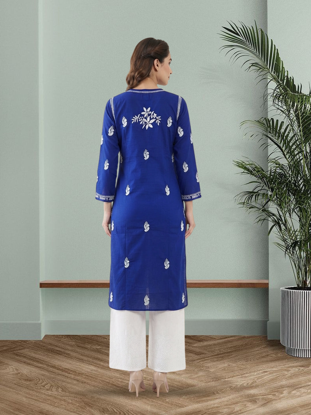 Hand Embroidered Chikankari Cotton Straight Kurta-PC3372 Darkblue