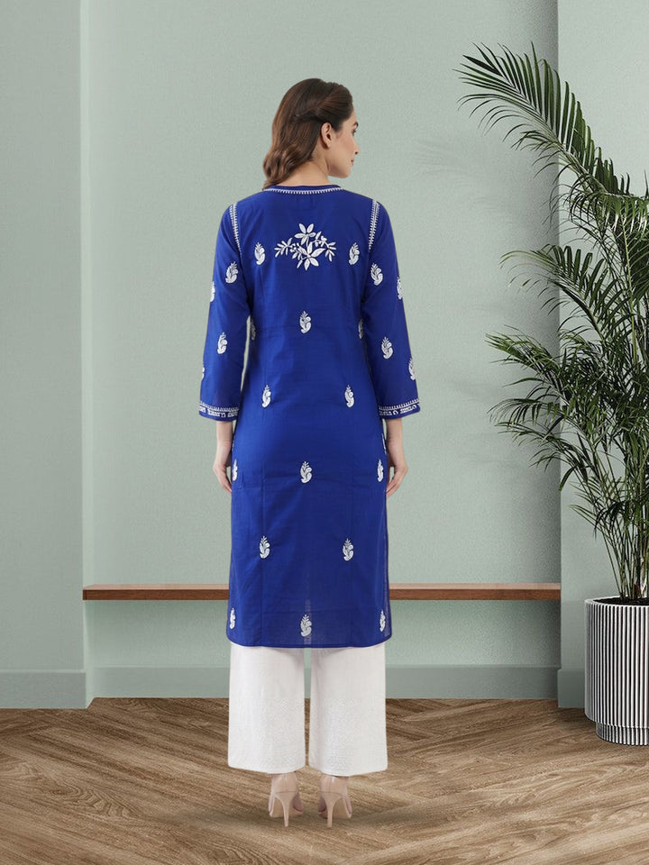 Hand Embroidered Chikankari Cotton Straight Kurta-PC3372 Darkblue