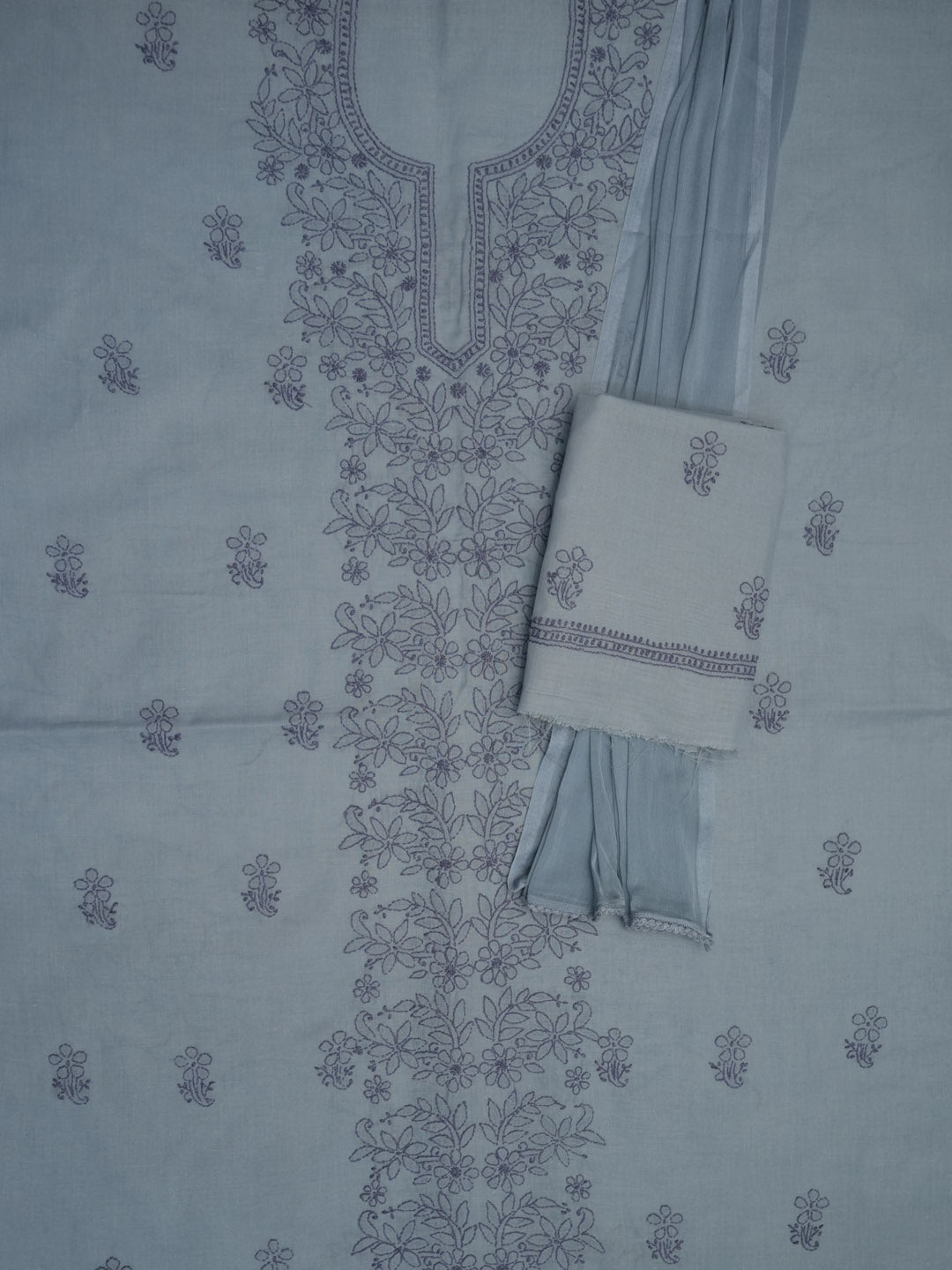 Women Hand Embroidered Cotton Chikankari Dress MaterialPCSCU00406FS-STEELGREY