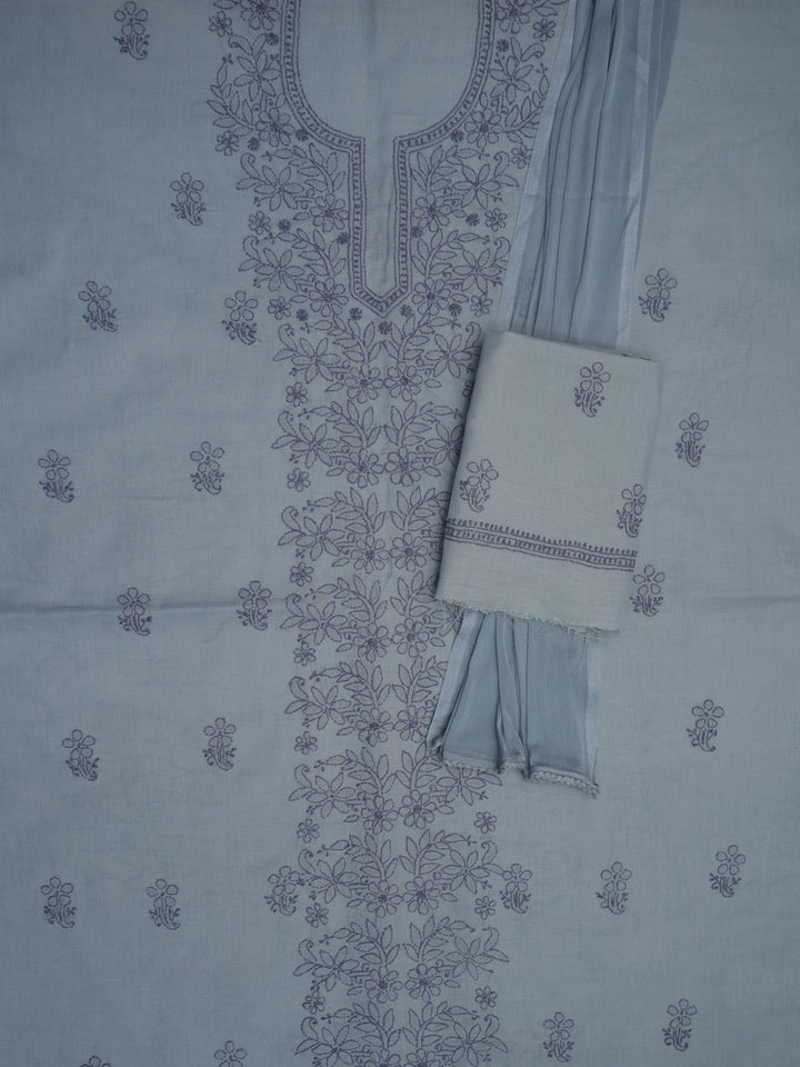 Women Hand Embroidered Cotton Chikankari Dress MaterialPCSCU00406FS-STEELGREY