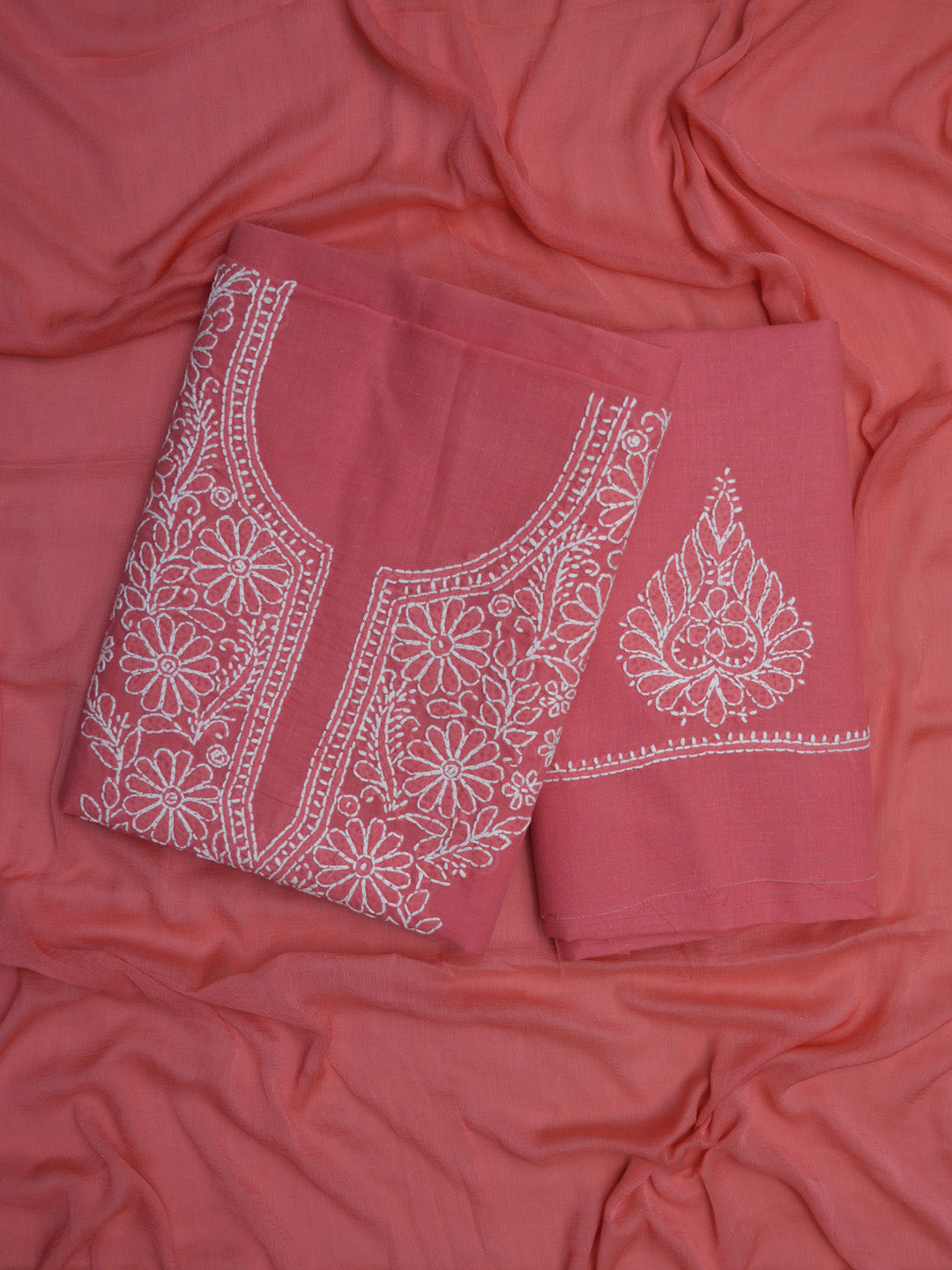 Women Hand Embroidered Cotton Chikankari Dress Material PCSCU00104FS Carrotpink