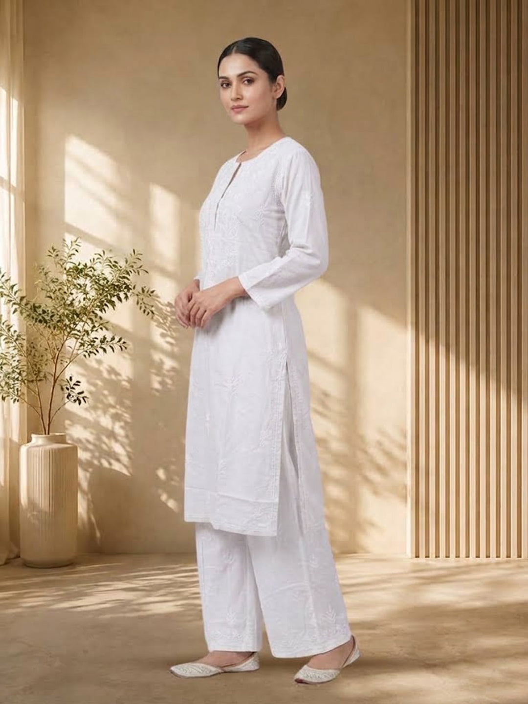 Hand Embroidered Chikankari Straight Floral Cotton Kurta-NTV115 White