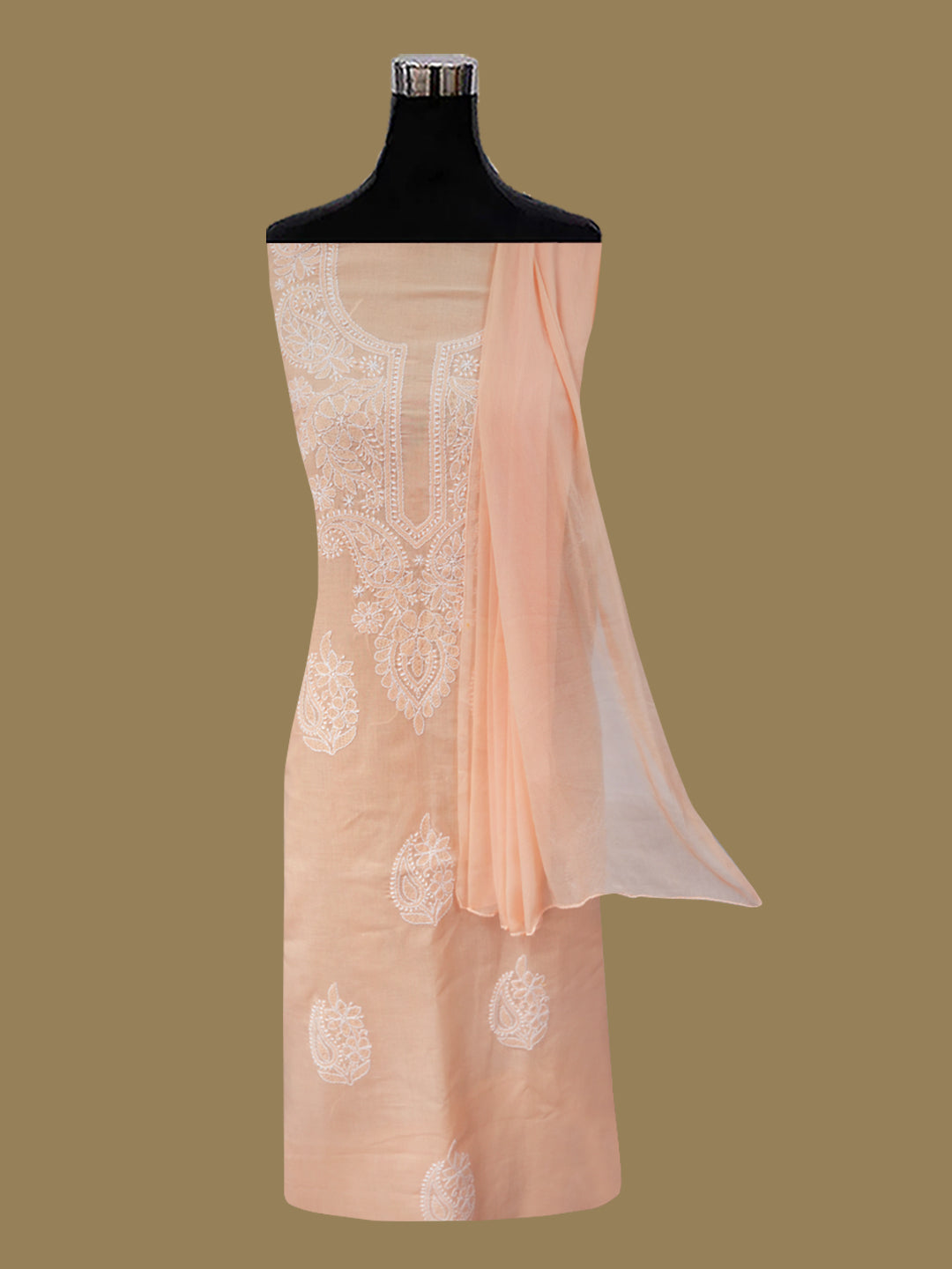Women Hand Embroidered Chikankari Cotton DressMaterial PCSCU00104FS-PEACH