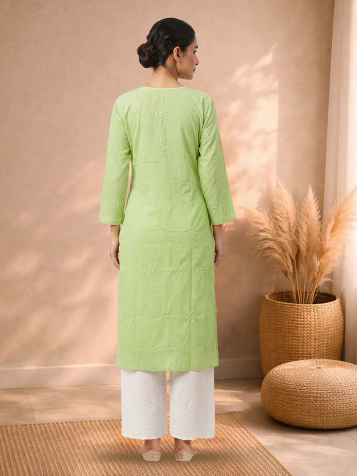 Hand Embroidered Chikankari Cotton Straight Kurta- PC3579 Green