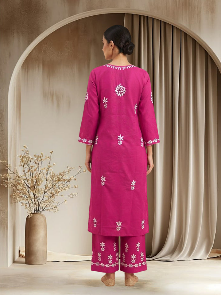 Women Hand Embroidered Chikankari Cotton Kurta Set PC4135KS Magenta