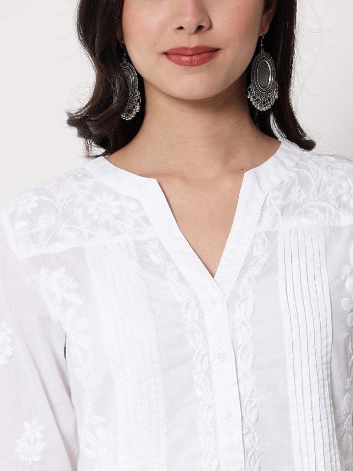 Chikankari Women Hand Embroidered Cotton Kurti PC1958L White