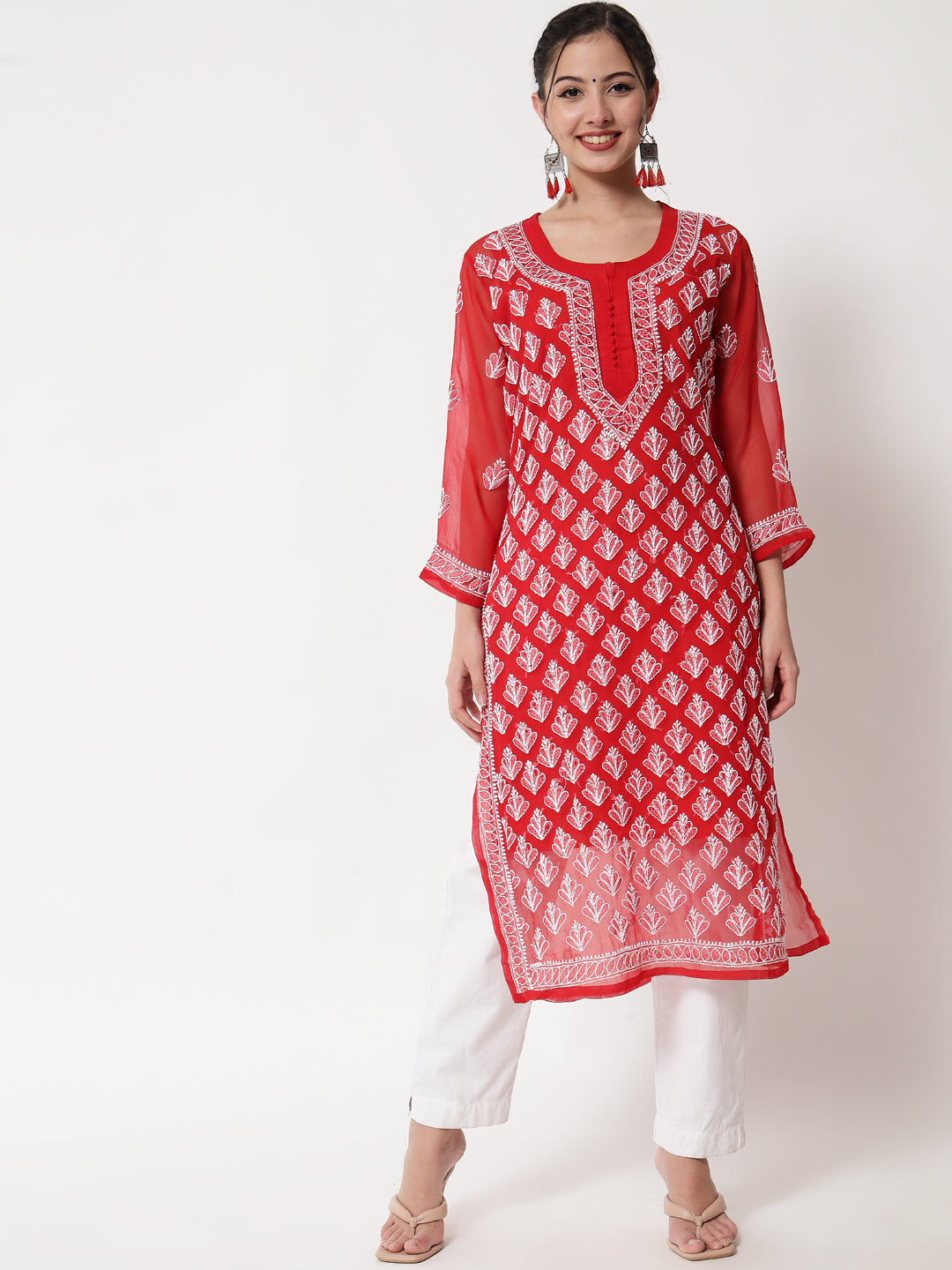 Hand Embroidered Chikankari Georgette Straight Kurta With Matching Slip- PC3484