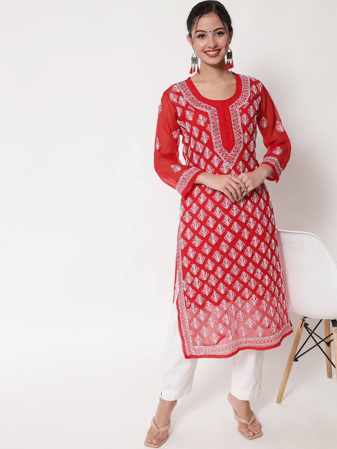 Hand Embroidered Chikankari Georgette Straight Kurta With Matching Slip- PC3484